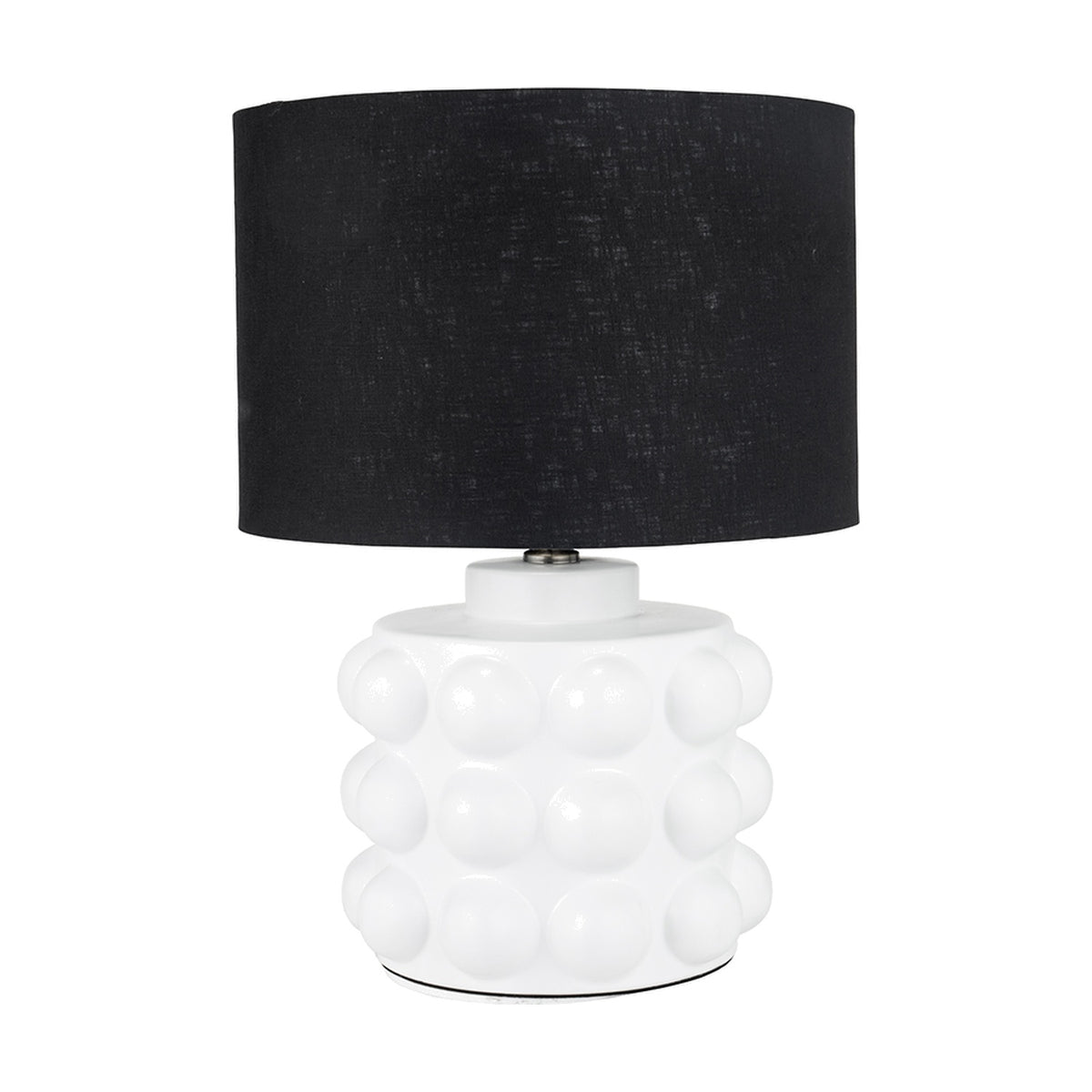 Serenity White Bobbled Ceramic Large Table Lamp, 36cm, with a black drum shade, shown on a plain white background.