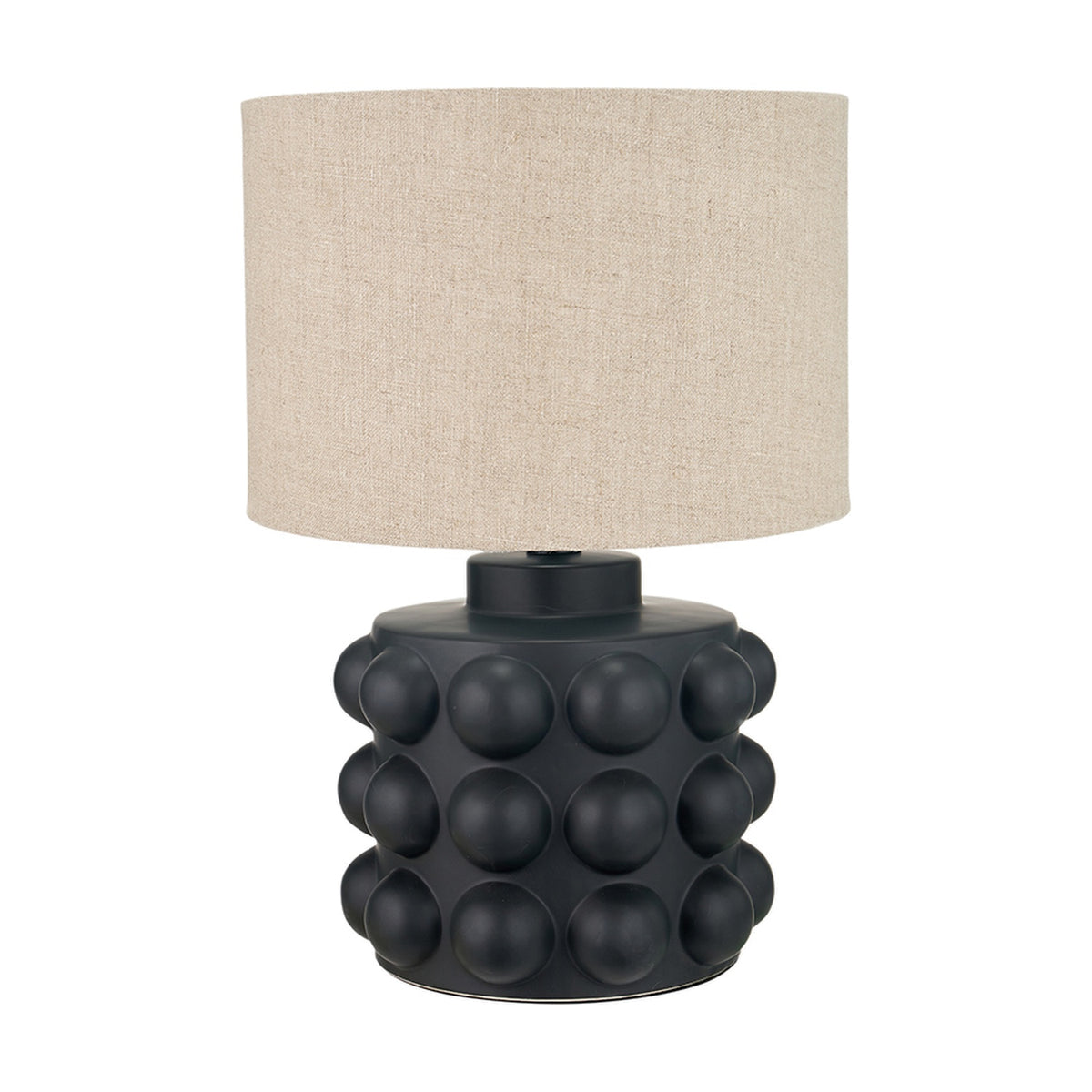 Serenity Black Bobbled Ceramic Large Table Lamp Base with linen drum shade, 36cm, textured bobble-patterned ceramic body, shown on a plain white background.