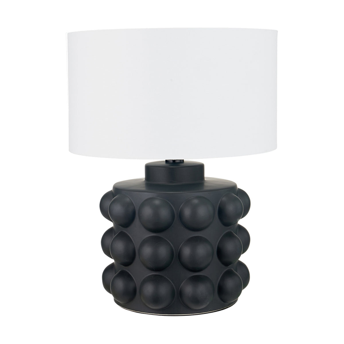 Serenity Black Bobbled Ceramic Large Table Lamp Base, 36cm, with a raised sphere-textured body and white drum shade, shown on a plain white background.