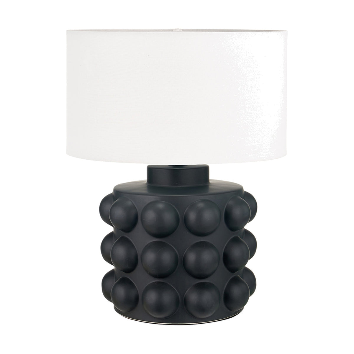 Serenity Black Bobbled Ceramic Large Table Lamp with a white drum shade, showcasing a matte black textured base and round bobble detailing, set against a plain white background.