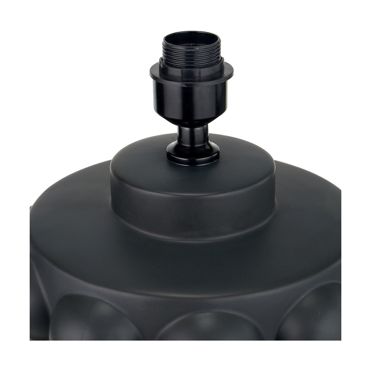 Close-up of the Serenity Black Bobbled Ceramic table lamp base, showing the matte black bobbled ceramic body with black threaded lamp holder fitting on top, against a white background.