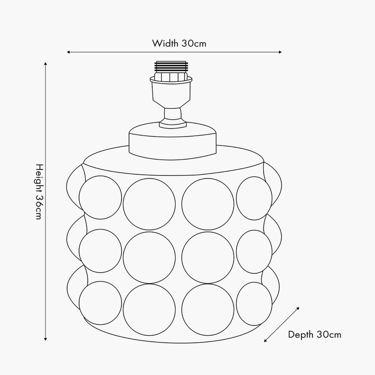 Line drawing of the Serenity Black Bobbled Ceramic Large Table Lamp Base with cylindrical bobbled body and E27 fitting, labelled 30cm width, 30cm depth, 36cm height.