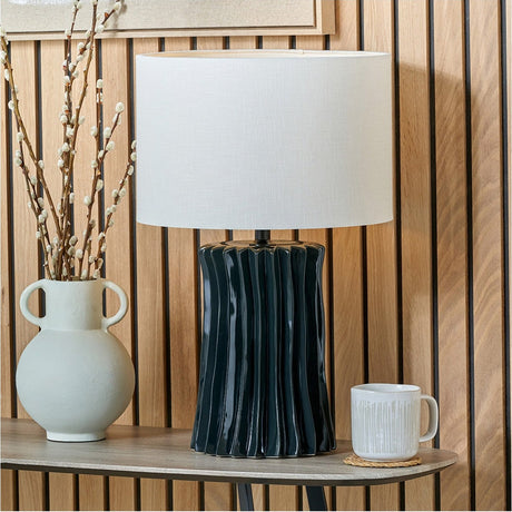 Devony Black Pleated Ceramic Table Lamp with White Self Lined Shade
