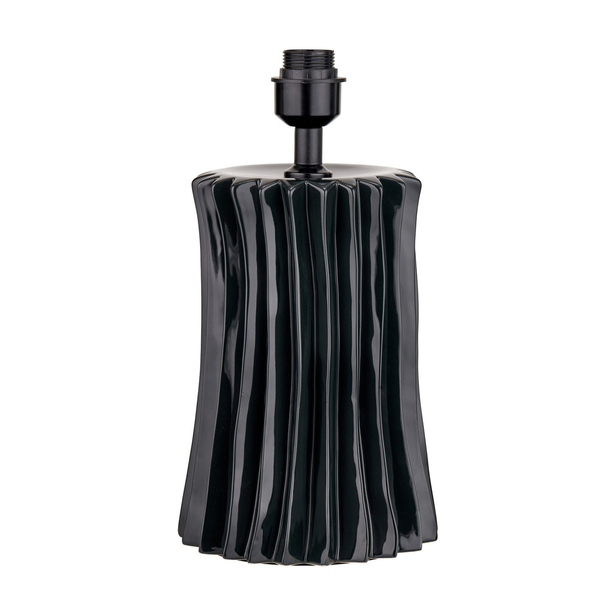 Devony Black Pleated Ceramic Table Lamp Base, 38cm, with vertically ribbed cylindrical body and black lamp holder fitting, shown on a plain white background.