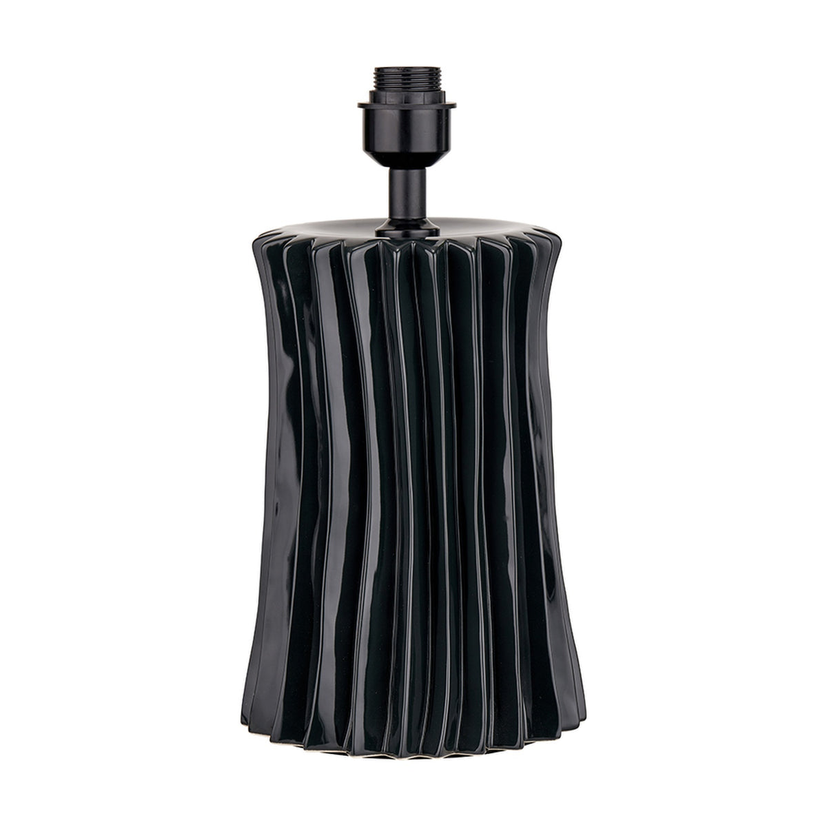 Devony Black Pleated Ceramic Table Lamp Base, 38cm, with vertical ribbed fluting, glossy black finish, and black fitting, shown on a plain white background.