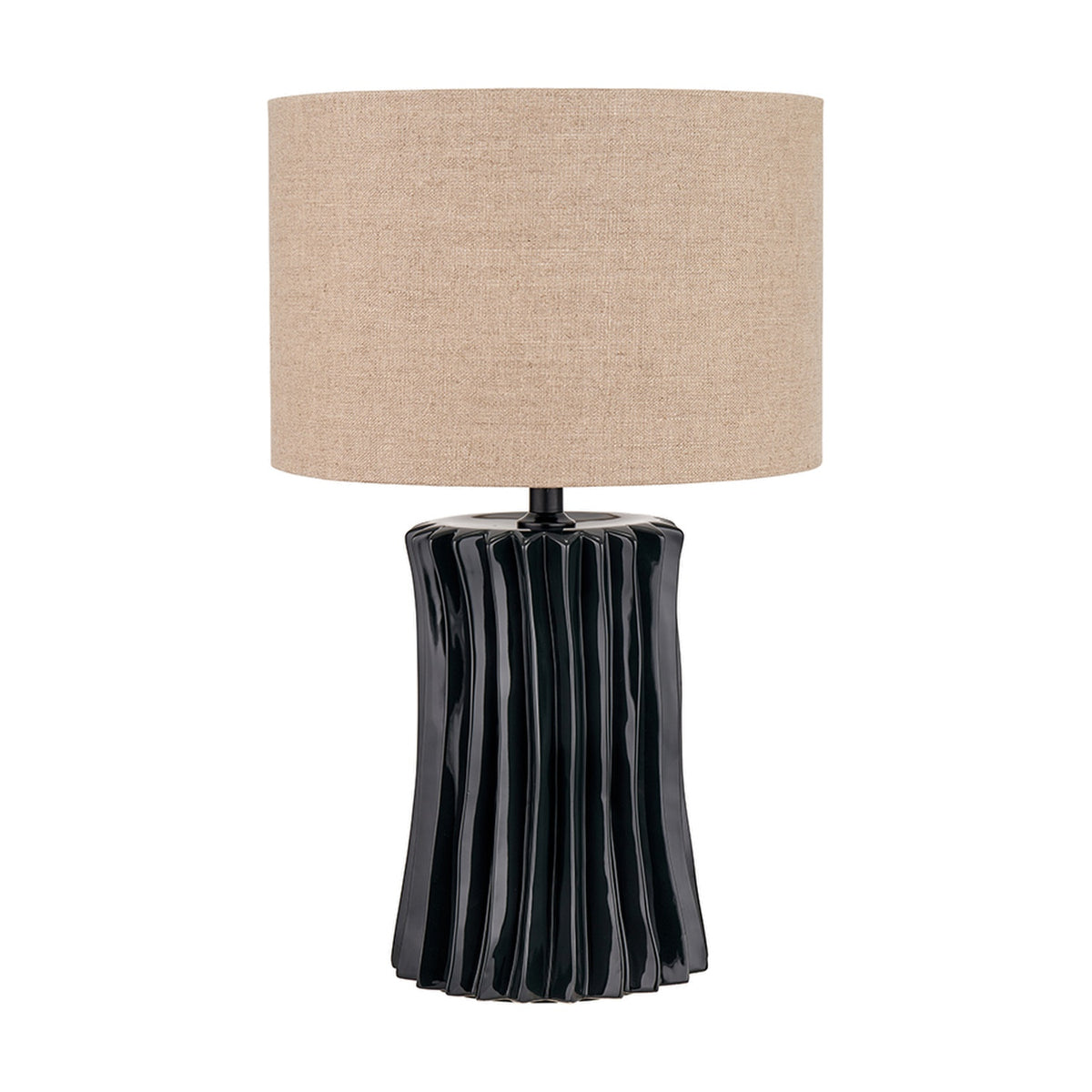 Devony table lamp with a black pleated ceramic base, 38cm tall, and a round beige fabric drum shade, shown on a plain white background.