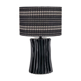 Devony Black Pleated Ceramic Table Lamp with fluted, ribbed base and black patterned drum shade, shown on a plain white background.