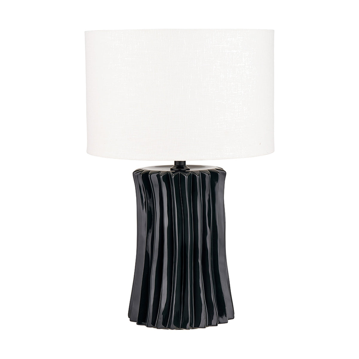 Devony Black Pleated Ceramic Table Lamp Base, 38cm, with fluted vertical ridges and a white drum shade, shown on a plain white background.