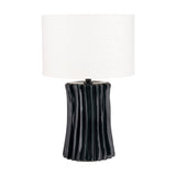 Devony Black Pleated Ceramic Table Lamp Base, 38cm, with fluted vertical ridges and a white drum shade, shown on a plain white background.