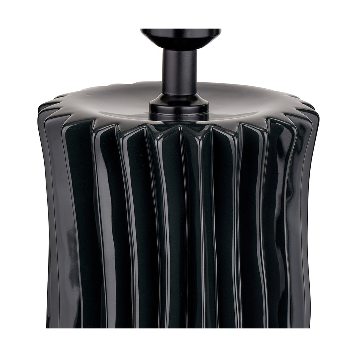 Close-up of the Devony Black Pleated Ceramic Table Lamp Base, showing the ridged column texture and black fitting, set against a plain white background.