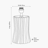 Line drawing of the Devony Black Pleated Ceramic Table Lamp Base, 38cm tall with 20cm width and base diameter, showing the fluted column shape and lamp fitting.