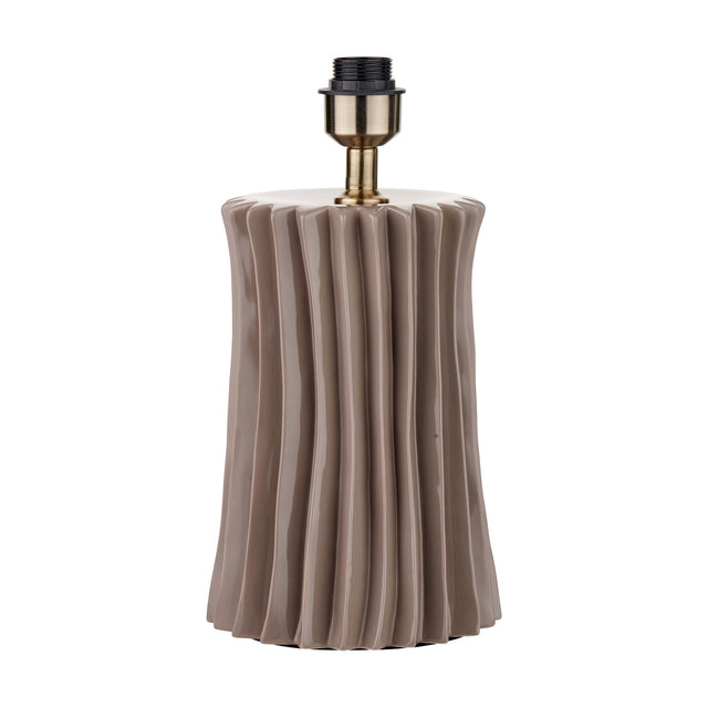 Devony Taupe Pleated Ceramic Table Lamp Base, 38cm, with vertical ribbed texture and antique brass fitting, shown against a plain white background.