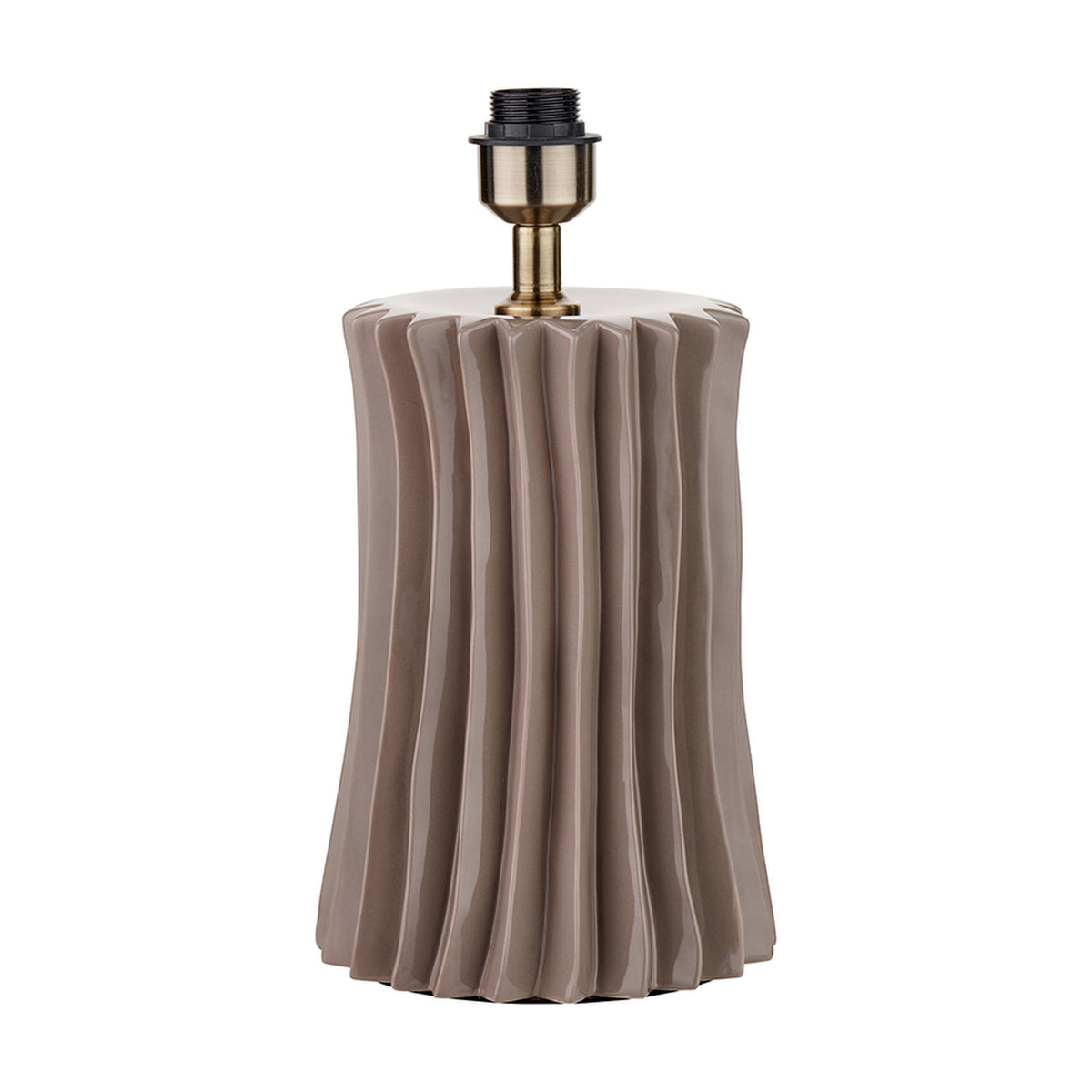Devony Taupe Pleated Ceramic Table Lamp Base, 38cm, with vertical fluted design and antique brass fitting, shown on a plain white background.