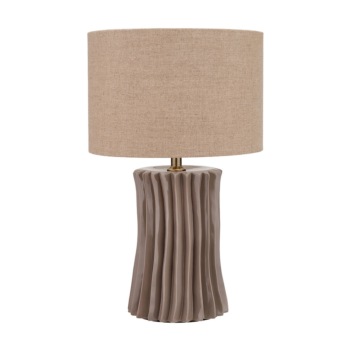 Devony Taupe Pleated Ceramic Table Lamp Base with fluted ridged column and beige linen drum shade on a plain white background.