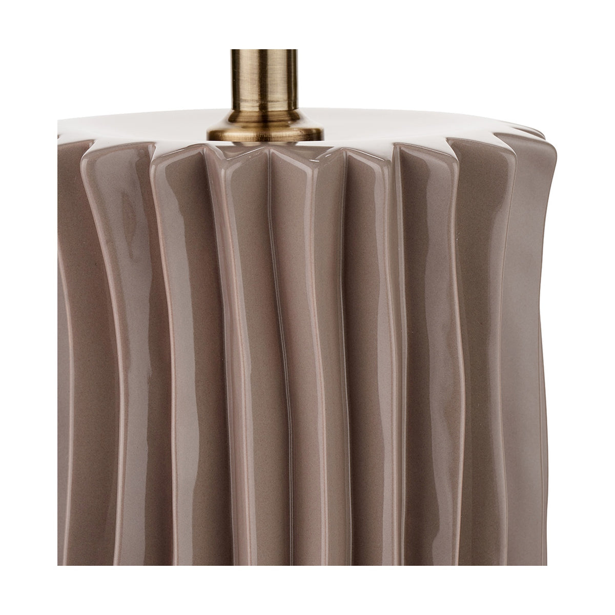 Close-up of the Devony Taupe Pleated Ceramic Table Lamp Base, showing vertical fluted ridges in glossy taupe ceramic with an antique brass fitting on a white background.