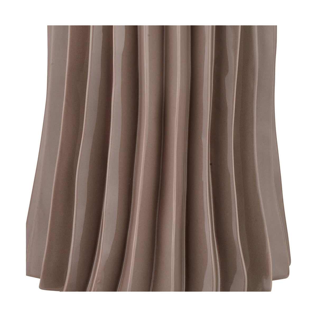 Close-up of the Devony Taupe Pleated Ceramic Table Lamp Base, 38cm, showing its ridged fluted texture and glossy taupe finish on a white background.