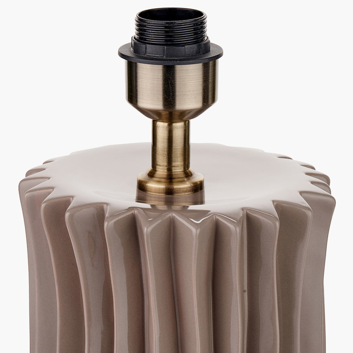 Close-up of the Devony Taupe Pleated Ceramic Table Lamp Base, showing the fluted taupe ceramic top with antique brass fitting and E27 lamp holder on a plain background.
