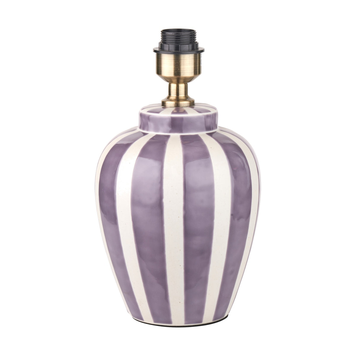 Priscilla Lilac Striped Ceramic Table Lamp Base, 33cm, with lilac and white vertical stripes and brass-finish fitting, shown on a plain white background.