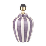 Priscilla Lilac Striped Ceramic Table Lamp Base, 33cm, with lilac and white vertical stripes and brass-finish fitting, shown on a plain white background.