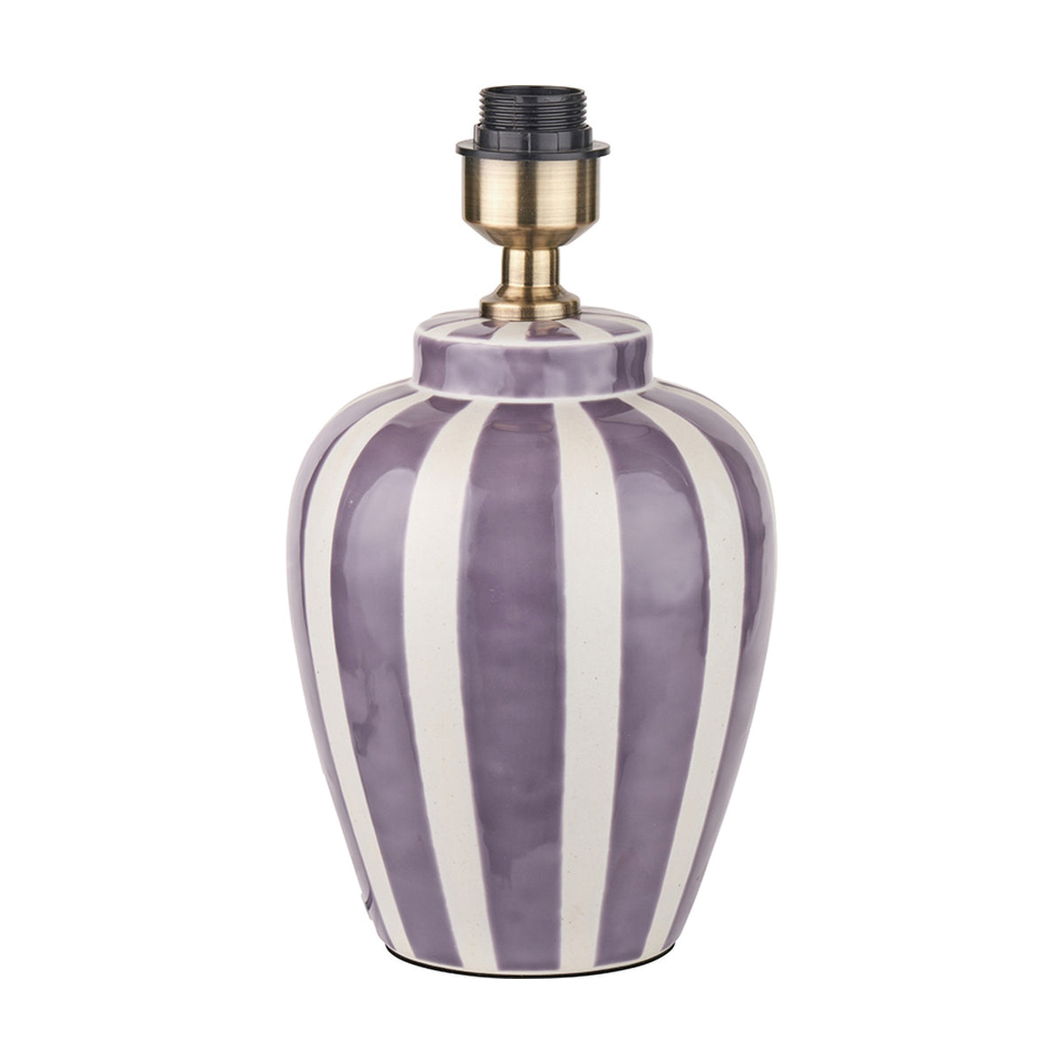 Priscilla ceramic table lamp base, 33cm, with lilac and white vertical stripes and antique brass fitting, on a plain white background.