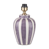 Priscilla ceramic table lamp base, 33cm, with lilac and white vertical stripes and antique brass fitting, on a plain white background.