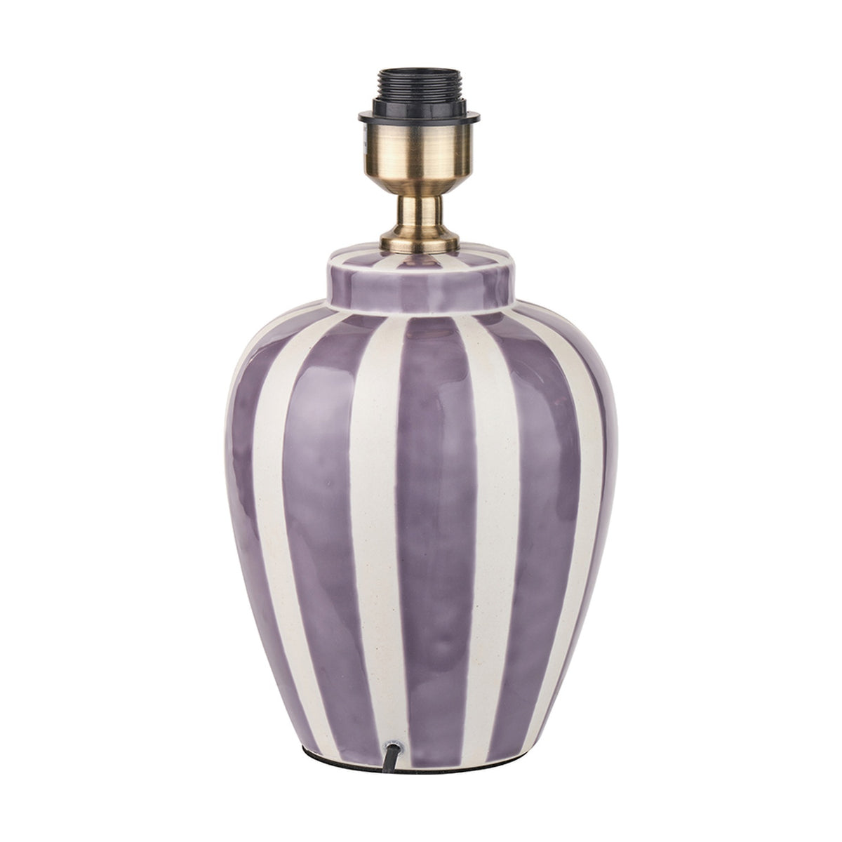 Priscilla Lilac Striped Ceramic Table Lamp Base, 33cm, with antique brass fitting and E27 socket, shown on a plain white background.