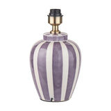 Priscilla Lilac Striped Ceramic Table Lamp Base, 33cm, with antique brass fitting and E27 socket, shown on a plain white background.
