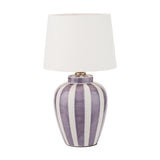 Priscilla Lilac Striped Ceramic Table Lamp, 33cm, with a purple and white striped ceramic base and white tapered fabric shade, on a plain white background.