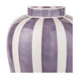 Close-up of the Priscilla Lilac Stripped Ceramic Table Lamp Base, showing vertical purple and white stripes with a glossy finish, on a plain white background.