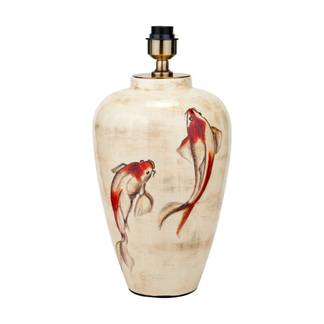 Emerayn Koi Ceramic Table Lamp Base, 46cm, cream body with hand-painted red koi fish design and antique brass fitting, shown on a plain white background.