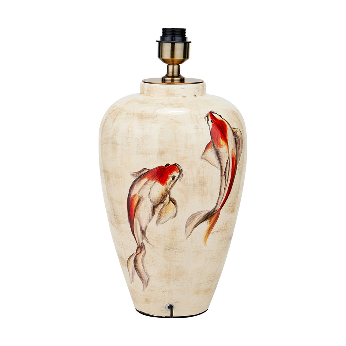 Emerayn Koi Ceramic Table Lamp Base, 46cm, cream body hand-painted with red and orange koi fish, brass-tone fitting, on a plain white background.
