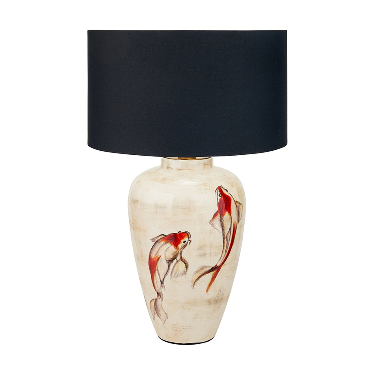 Emerayn Koi ceramic table lamp base, 46cm, with hand-painted red koi fish on a cream body and a black drum shade, shown on a plain white background.