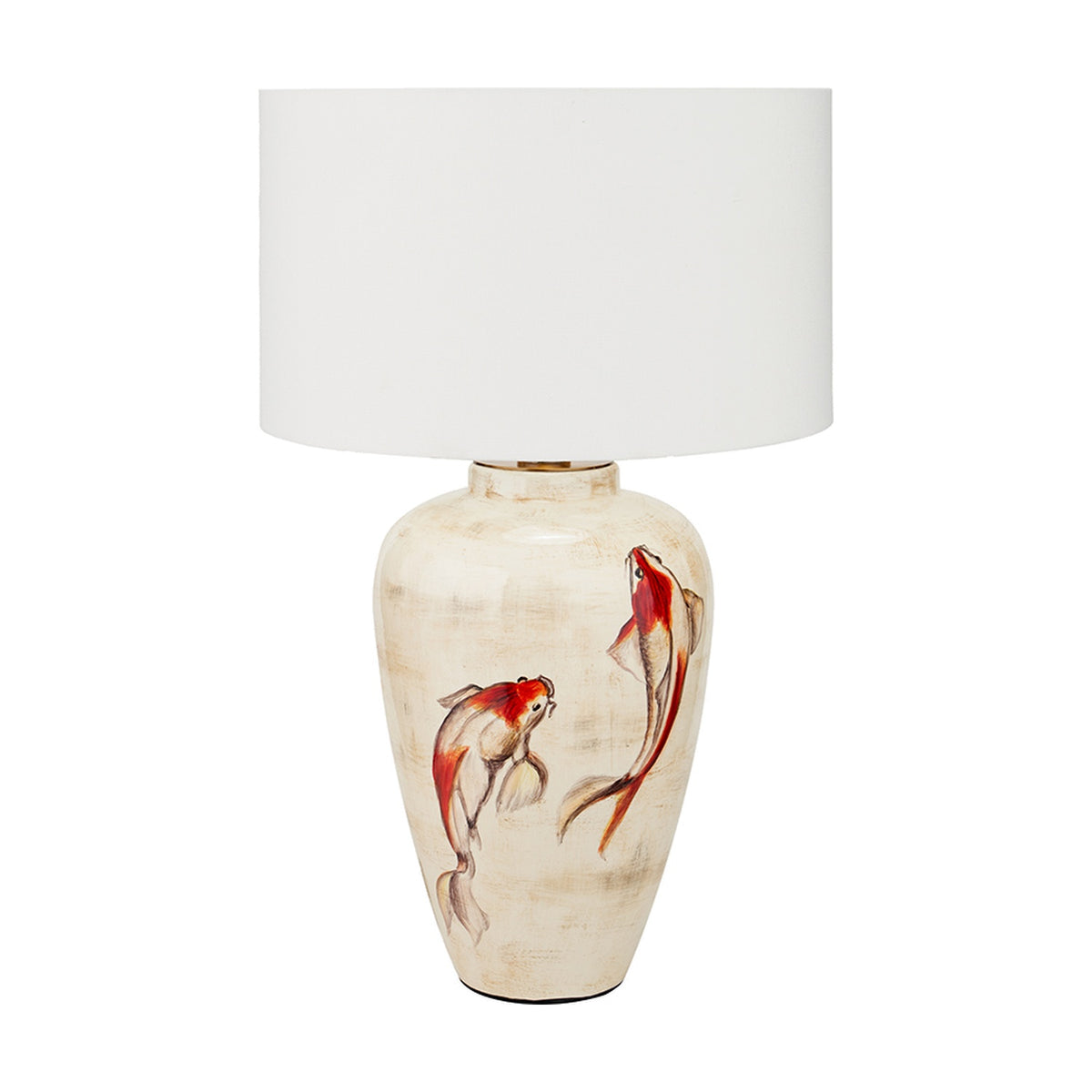 Emerayn Koi ceramic table lamp base, 46cm, cream body hand-painted with red and orange koi fish, paired with a white drum shade, on a plain white background.