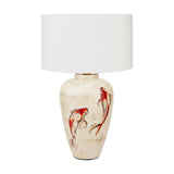 Emerayn Koi ceramic table lamp base, 46cm, cream body hand-painted with red and orange koi fish, paired with a white drum shade, on a plain white background.