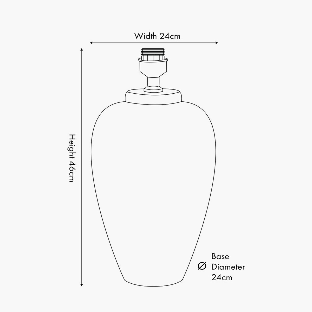 Line drawing of the Emerayn ceramic table lamp base showing an urn-shaped body with fitting, labelled 46cm height, 24cm width and 24cm base diameter.