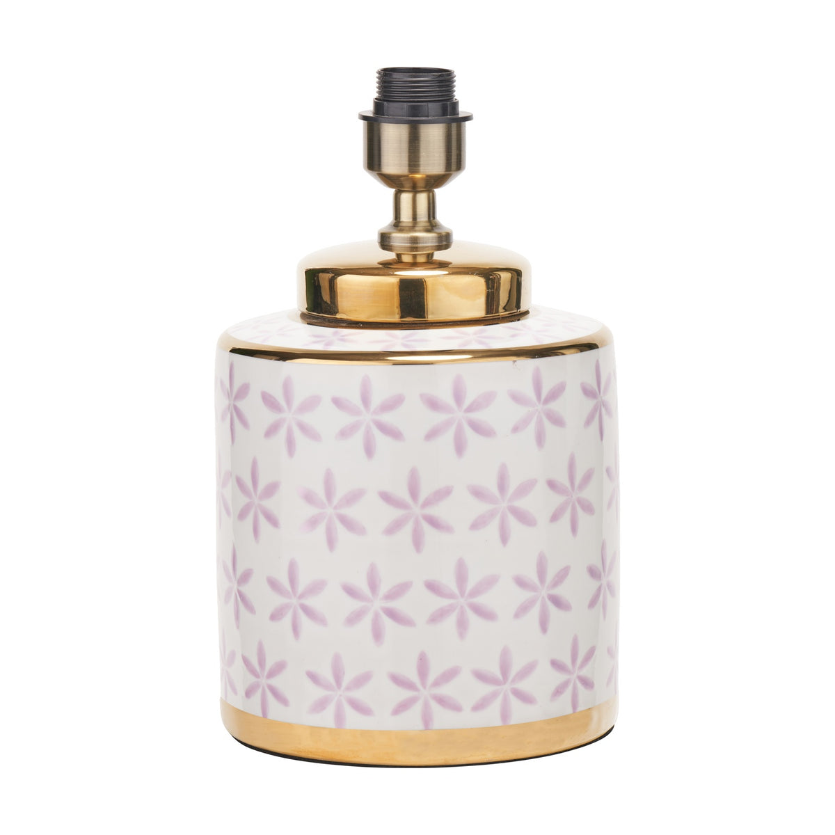 Thea ceramic table lamp base, 33cm, white body with lilac floral pattern and gold banded neck and base, antique brass fitting, plain white background.