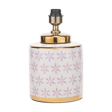 Thea ceramic table lamp base, 33cm, white body with lilac floral pattern and gold banded neck and base, antique brass fitting, plain white background.