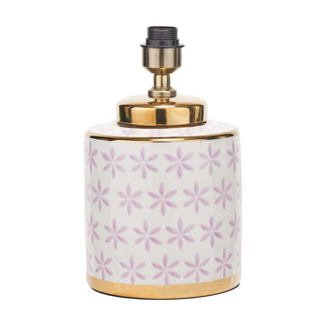 Thea ceramic table lamp base, 33cm, white body with lilac floral pattern and gold banded neck and base, antique brass fitting, plain white background.