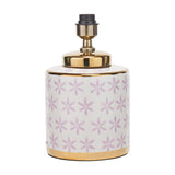 Thea Lilac & Gold Leaf ceramic table lamp base, 33cm, cylindrical body with lilac floral pattern on white, gold banding, and antique brass fitting, on a plain white background.