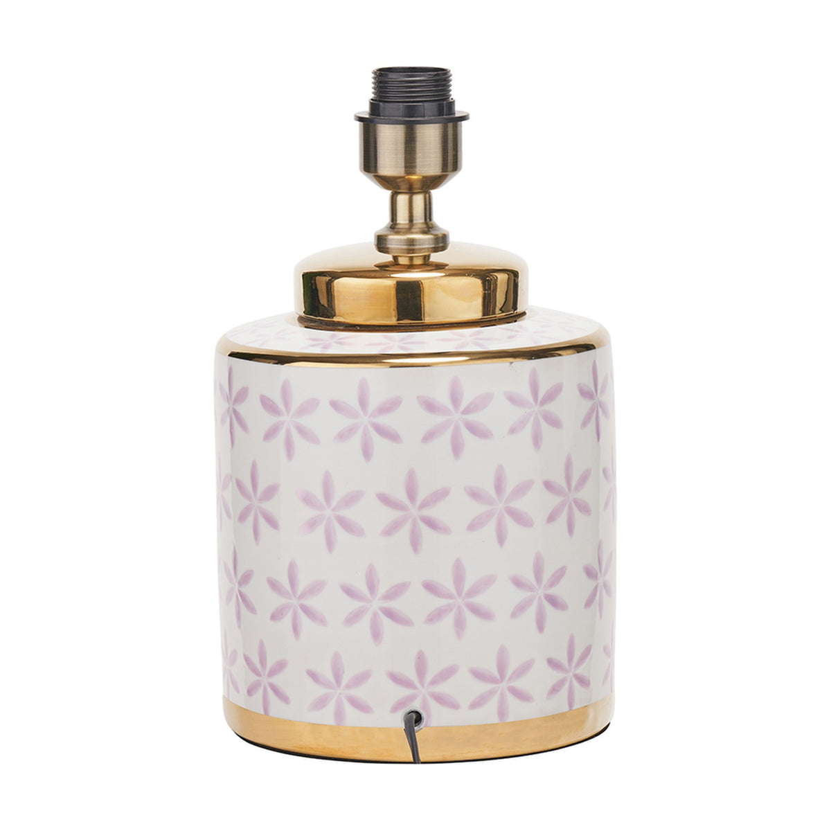 Thea Lilac & Gold Leaf Ceramic Table Lamp Base, 33cm, cylindrical white body with lilac floral pattern, gold banding and antique brass fitting, on a plain white background.