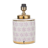 Thea Lilac & Gold Leaf Ceramic Table Lamp Base, 33cm, cylindrical white body with lilac floral pattern, gold banding and antique brass fitting, on a plain white background.