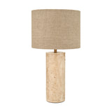 Kanoa Limestone Cylinder Table Lamp, 47cm, with a natural stone cylindrical base and a woven beige linen drum shade, shown on a plain white background.