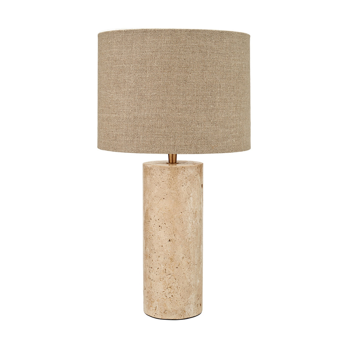 Kanoa Limestone Cylinder Table Lamp, 47cm, with a textured natural stone cylindrical base and a linen drum shade, shown on a plain white background.