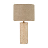 Kanoa Limestone Cylinder Table Lamp, 47cm, with a textured natural stone cylindrical base and a linen drum shade, shown on a plain white background.
