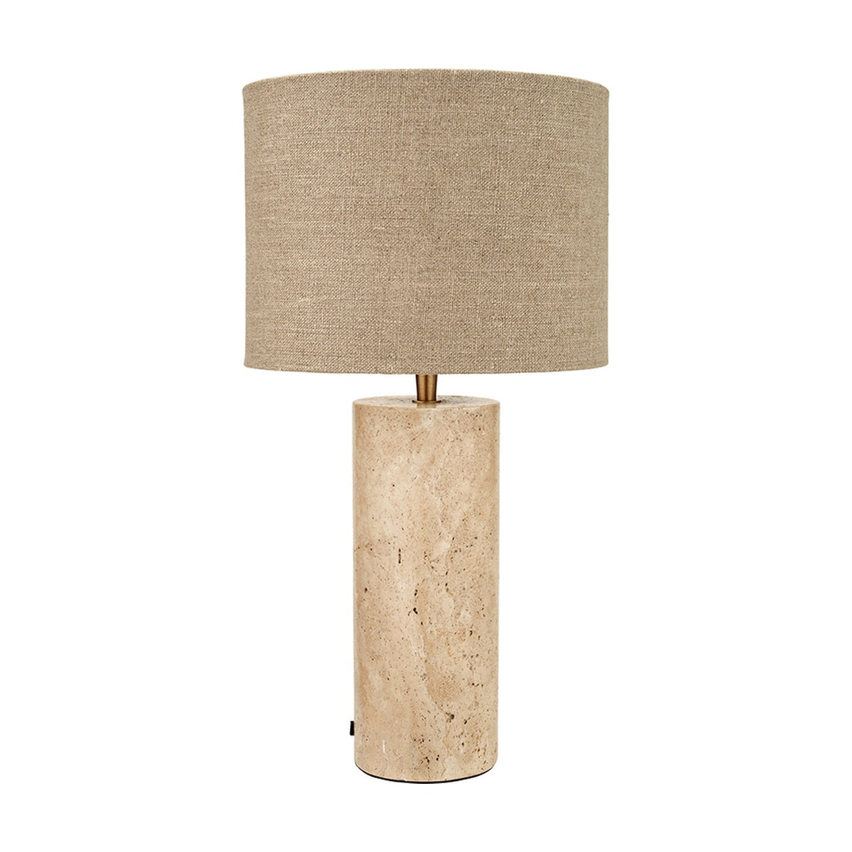 Kanoa Limestone Cylinder Table Lamp, 47cm, with a natural stone cylindrical base and a linen drum shade in a soft beige tone, set against a plain white background.