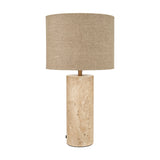Kanoa Limestone Cylinder Table Lamp, 47cm, with a natural stone cylindrical base and a linen drum shade in a soft beige tone, set against a plain white background.
