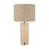 Kanoa Limestone Cylinder Table Lamp, 47cm, with a natural stone cylindrical base and a wide beige linen drum shade, shown on a plain white background.