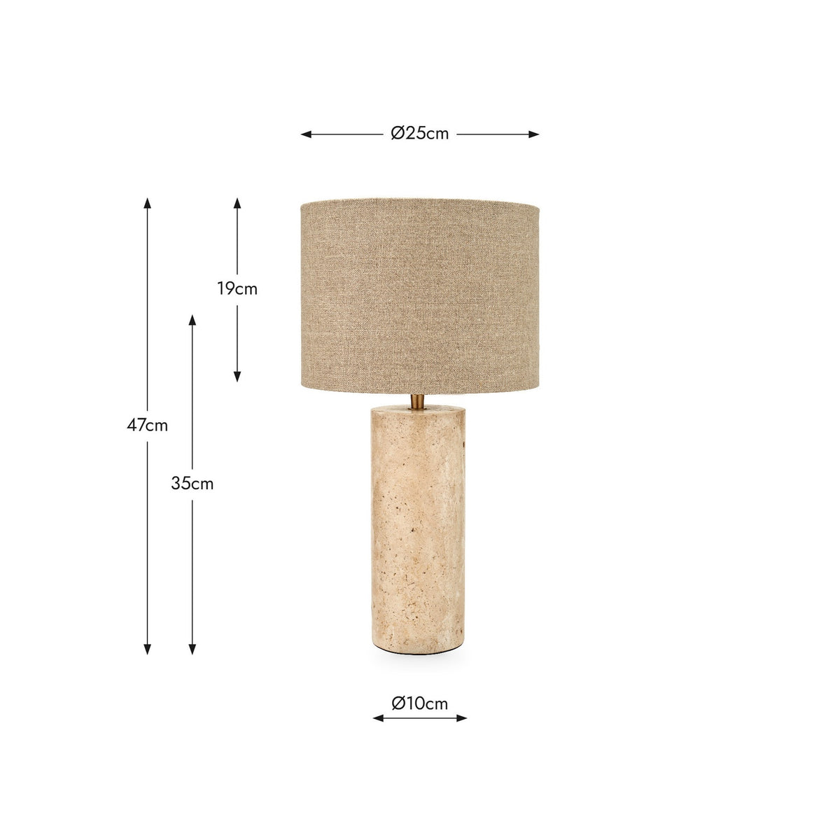 Kanoa Limestone Cylinder Table Lamp, 47cm, with a natural stone cylindrical base and beige linen drum shade, shown with dimensions on a white background.