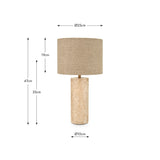 Kanoa Limestone Cylinder Table Lamp, 47cm, with a natural stone cylindrical base and beige linen drum shade, shown with dimensions on a white background.
