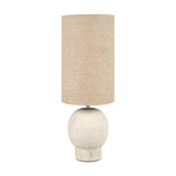 Althea Sandstone Table Lamp, 48cm, with a round sand-coloured marble base and tall natural linen cylinder shade, shown on a plain white background.